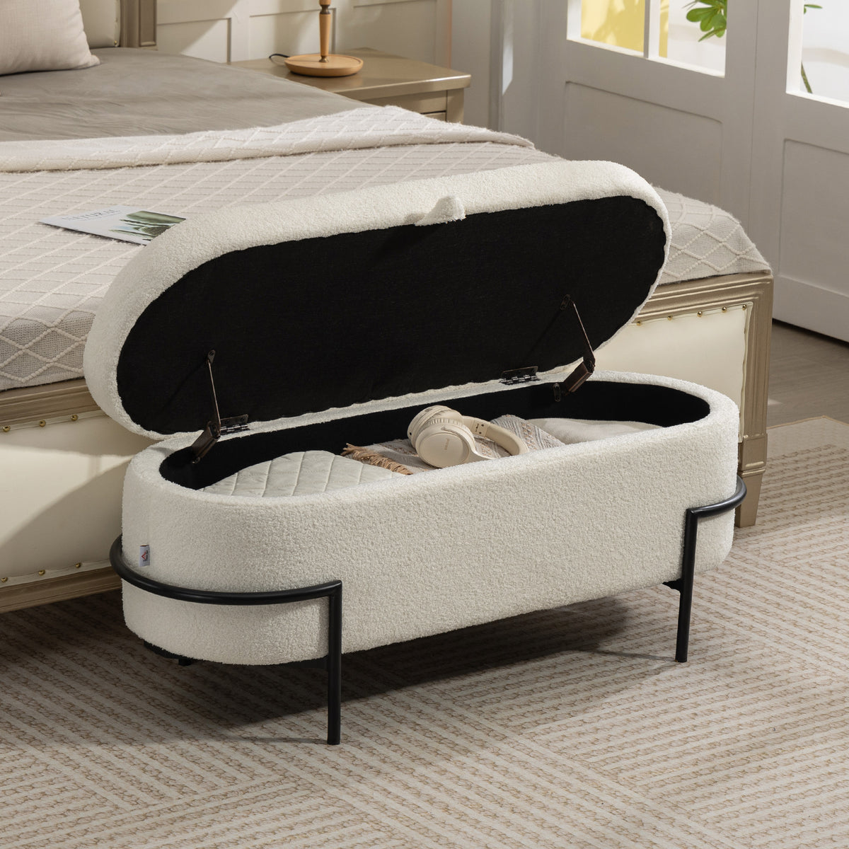 HOMCOM Aufbewahrungs-Hocker, Sitzhocker mit Deckel und Stauraum, Stahlbeine, Polsterhocker mit – Produktabbildung 2
