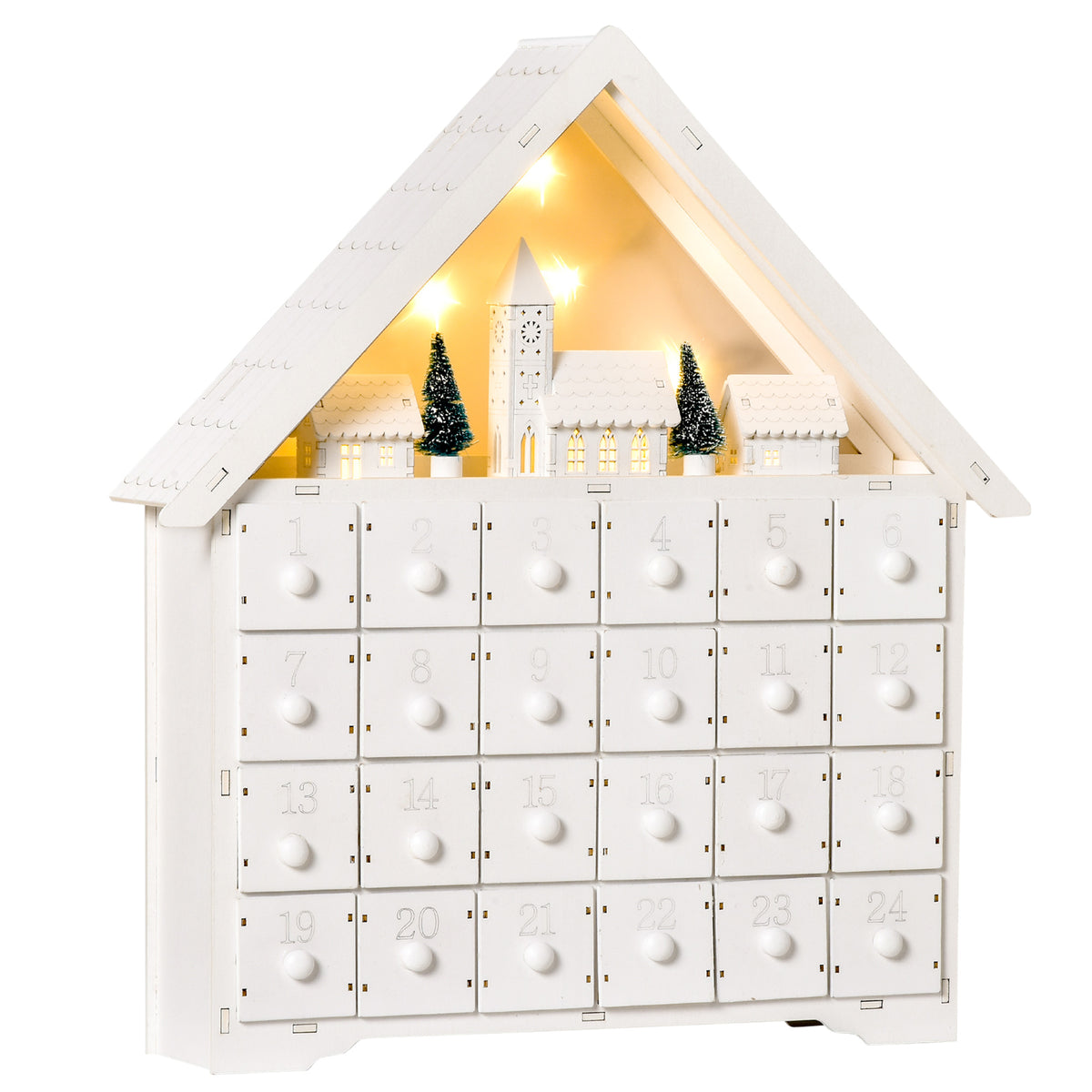 HOMCOM Adventskalender Weichnachtsdekoration Weihnachtsdeko, 24 Schubladen, LED-Lichter, 39 cm x 9 cm x 42