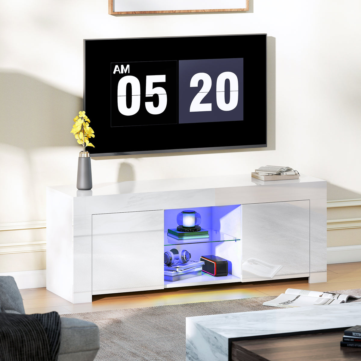 HOMCOM TV-Schrank mit LED-Beleuchtung, 2 Schranktüren, Glasregal, Kabellöcher, für Wohnzimmer – Produktabbildung 2