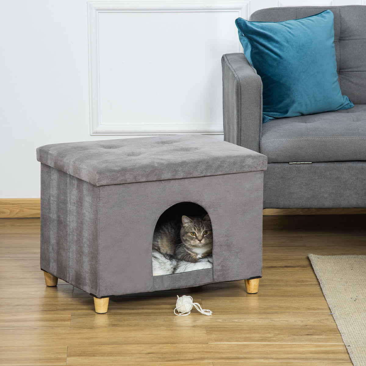 PawHut 2-IN-1 Katzenhöhle Fußhocker mit Kissen Holzbeine Katzenhaus Katzenkorb weich gepolstert Ottomane – Produktabbildung 2