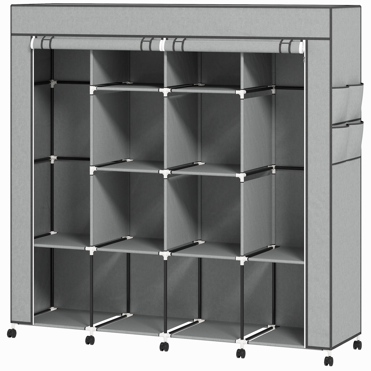 HOMCOM Kleiderschrank Stoffschrank, Türen, 2 Kleiderstangen, 10 Fächer, Grau