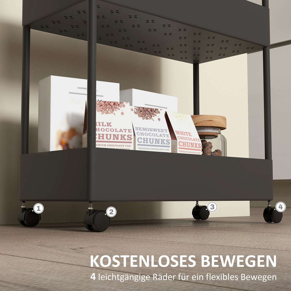 HOMCOM Küchenwagen mit 4 Regalen, 4 flexiblen Haken, 4 Rollen, 40 cm x 19 cm x 90 cm, Nischenwagen – Produktabbildung 5