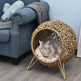 PawHut Katzenhaus aus Rattan mit Kissen Katzenschlafplatz Katzenhöhle mit erhöhten Füßen Natur Ø52 x 58 – Produktabbildung 8