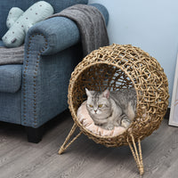 PawHut Katzenhaus aus Rattan mit Kissen Katzenschlafplatz Katzenhöhle mit erhöhten Füßen Natur Ø52 x 58 – Produktabbildung 8