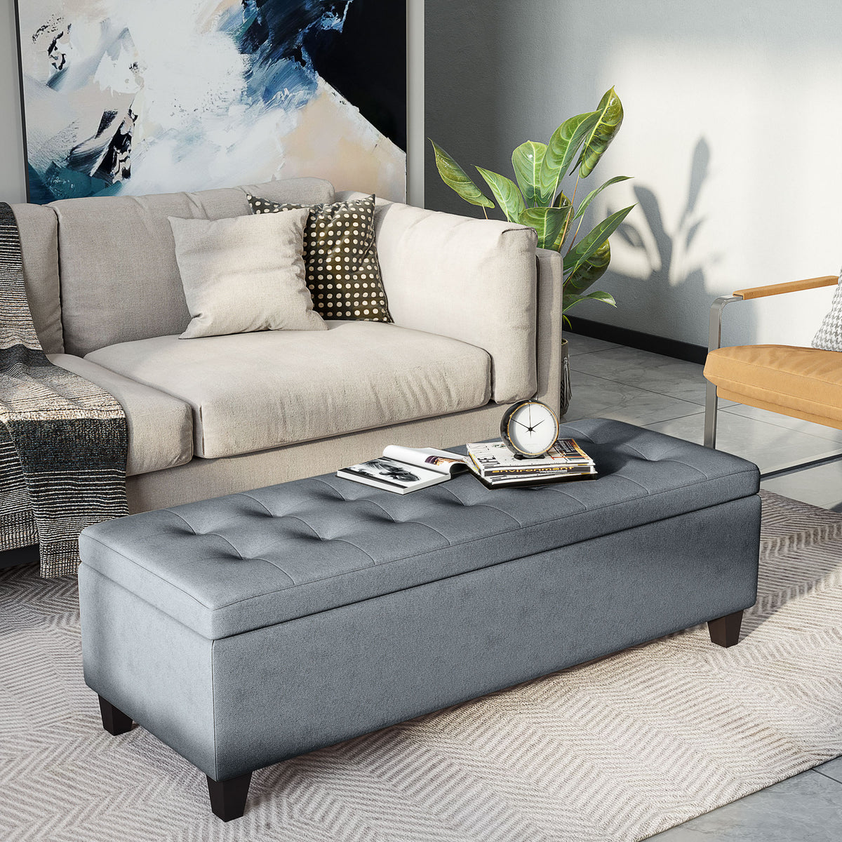 HOMCOM Sitzbank mit Stauraum, Ottomane, Flurbank, Knopfheftung,125,1 cm x 48,9 cm x 41,3 cm, Grau – Produktabbildung 2