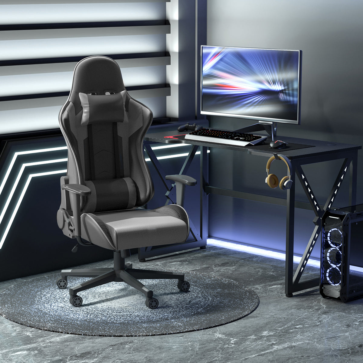 Vinsetto Ergonomischer Bürostuhl, Gaming Stuhl, Drehstuhl, Kunstleder, Schaumstoff, Schwarz, 67,5 x 74x – Produktabbildung 2