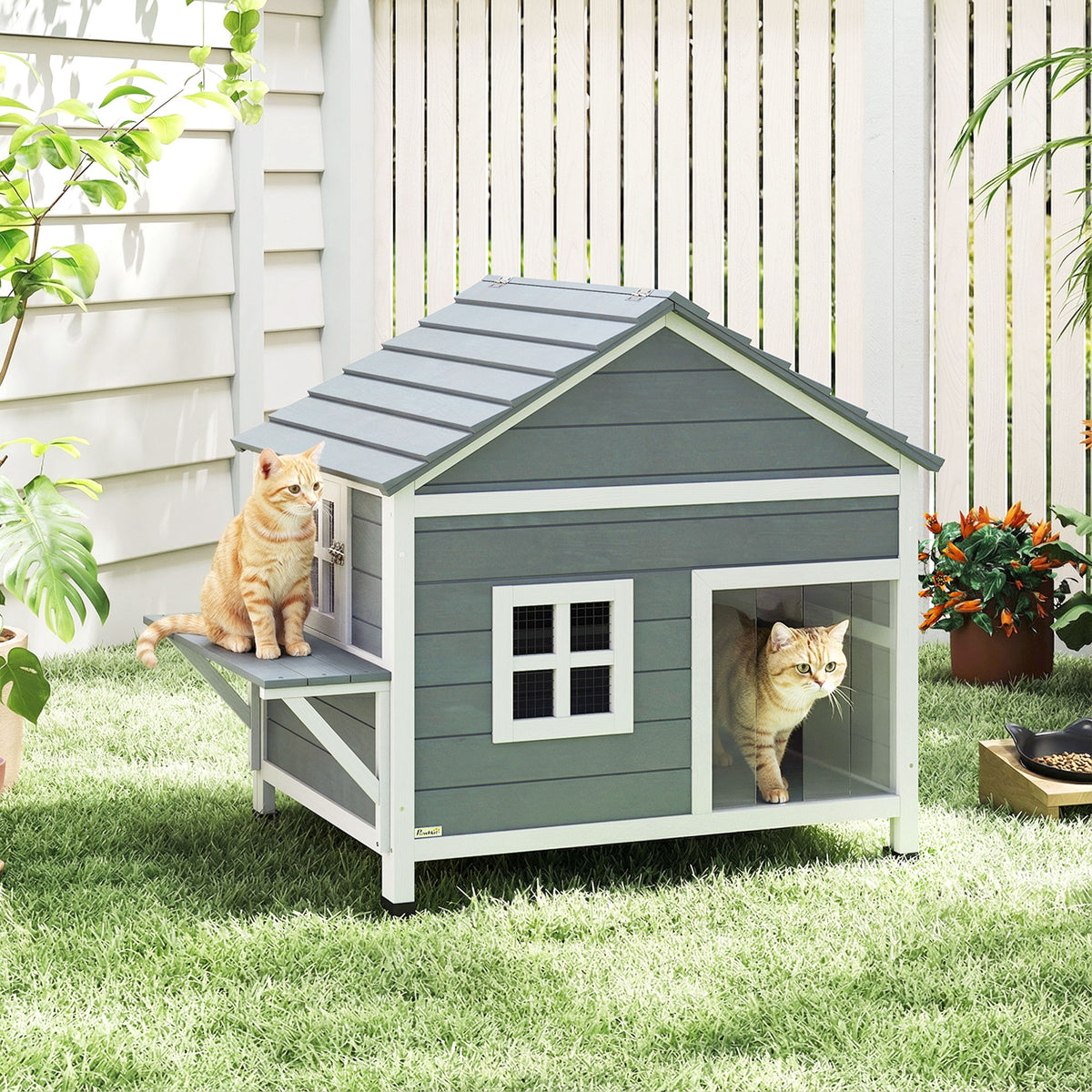 PawHut Katzenhaus aus Holz 2-Etagen Katzenhöhle mit wasserdicht aufklappbar Dach, seitlicher Plattform – Produktabbildung 2