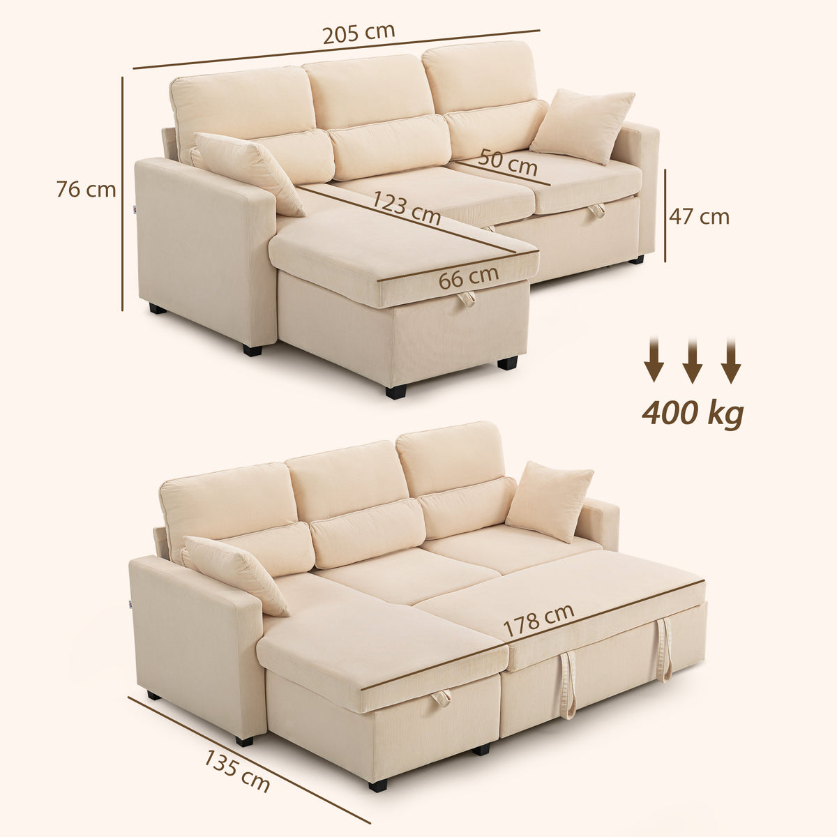 HOMCOM Verstellbares Bettsofa, L-förmiges Gästesofa mit Bettfunktion, Stauraum, Kissen, für Wohnzimmer – Produktabbildung 3