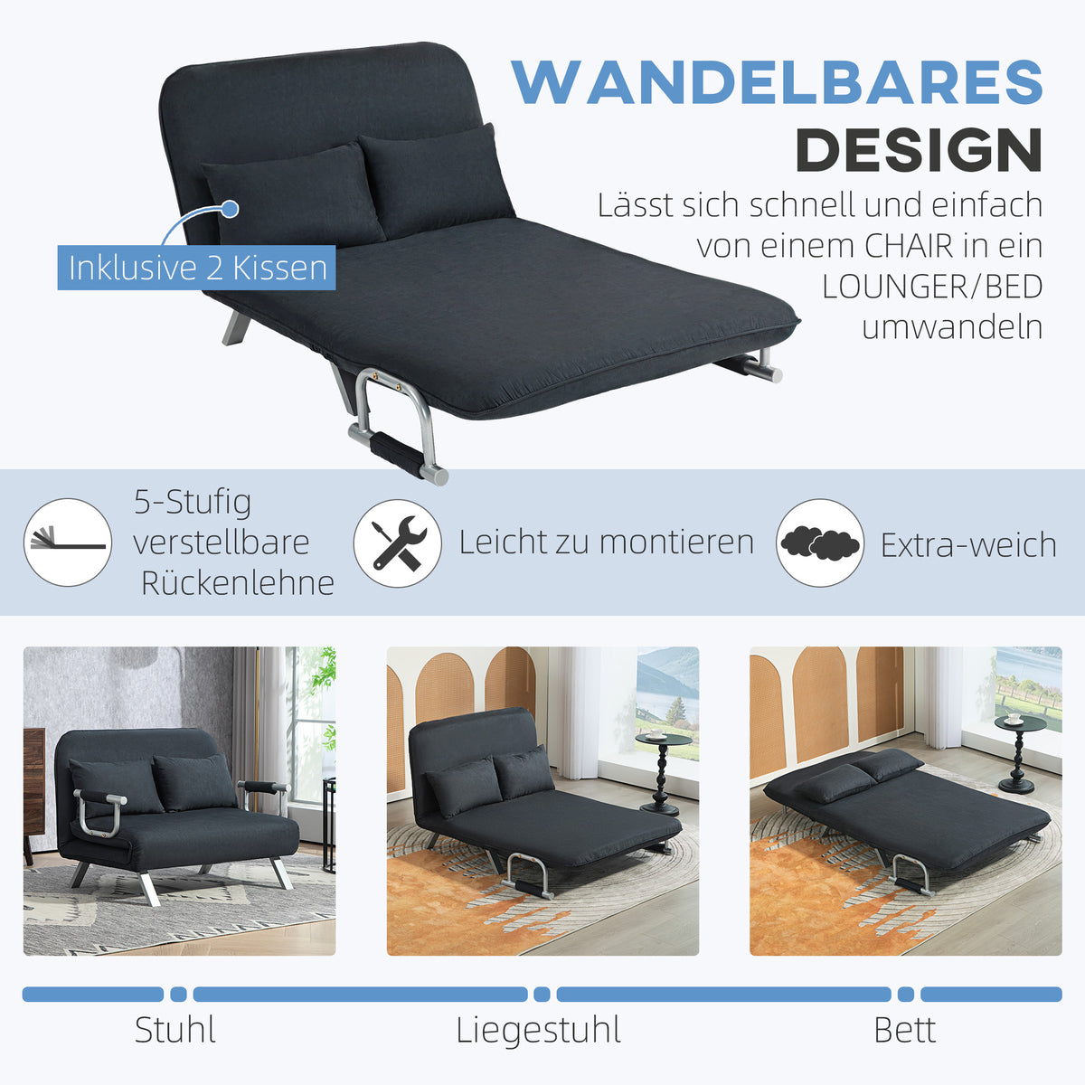 HOMCOM Schlafsofa, 5-fach verstellbar, Wildlederimitat, Stahlrahmen, inkl. Kissen, Schwarz – Produktabbildung 4