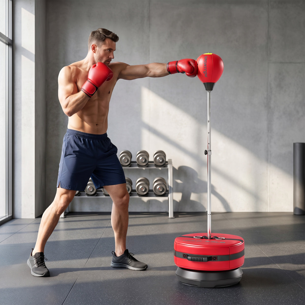 Boxsack mit Standfuß, 125-145 cm höhenverstellbares Box-Set, freistehender Speedball mit Handschuhen und – Produktabbildung 2