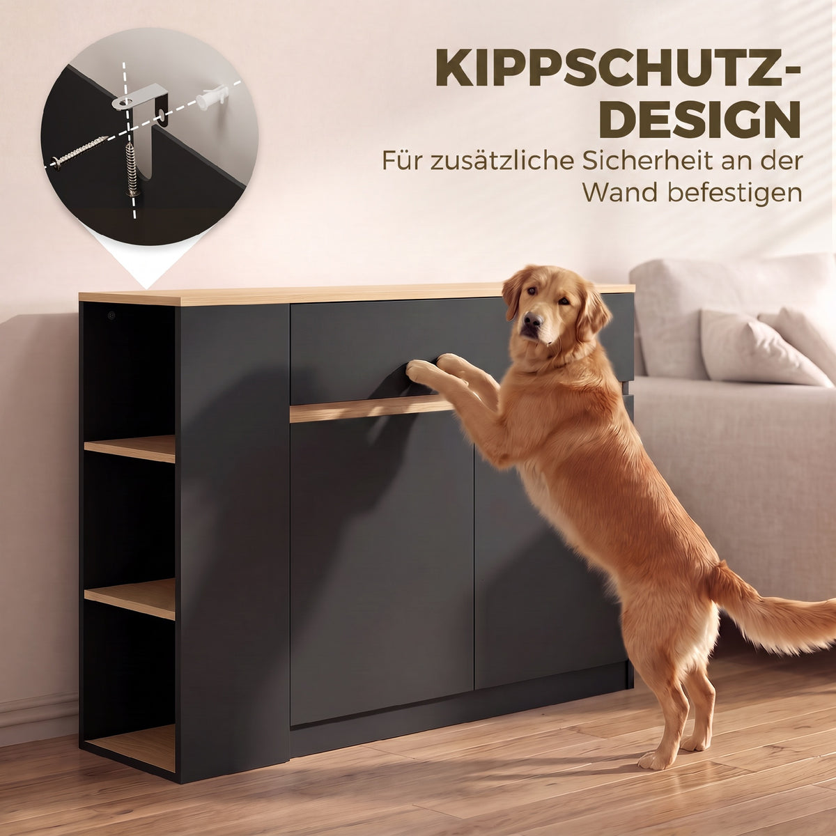 HOMCOM Sideboard, Buffet, großes Schrankfach, 3-stufiges Regal, Schublade, schwarz, 110 x 29,5 x 82cm – Produktabbildung 6