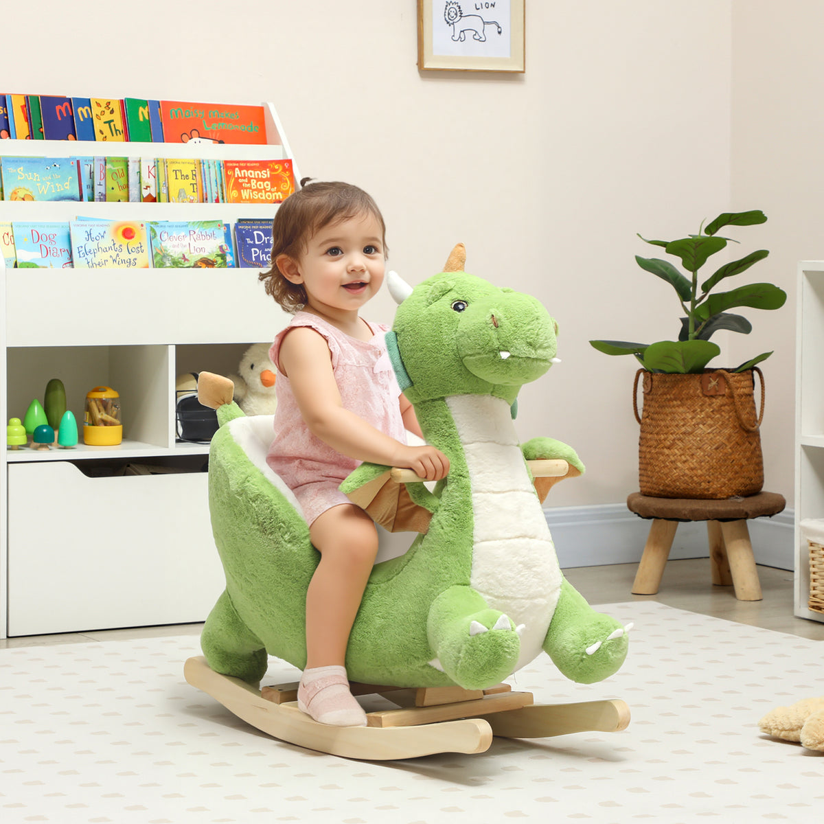 Schaukeltier, Dinosaurier-Schaukel, interaktive Tiergeräusche, weiche Füllung, Holzrahmen, 73 x 39 x 66 – Produktabbildung 2