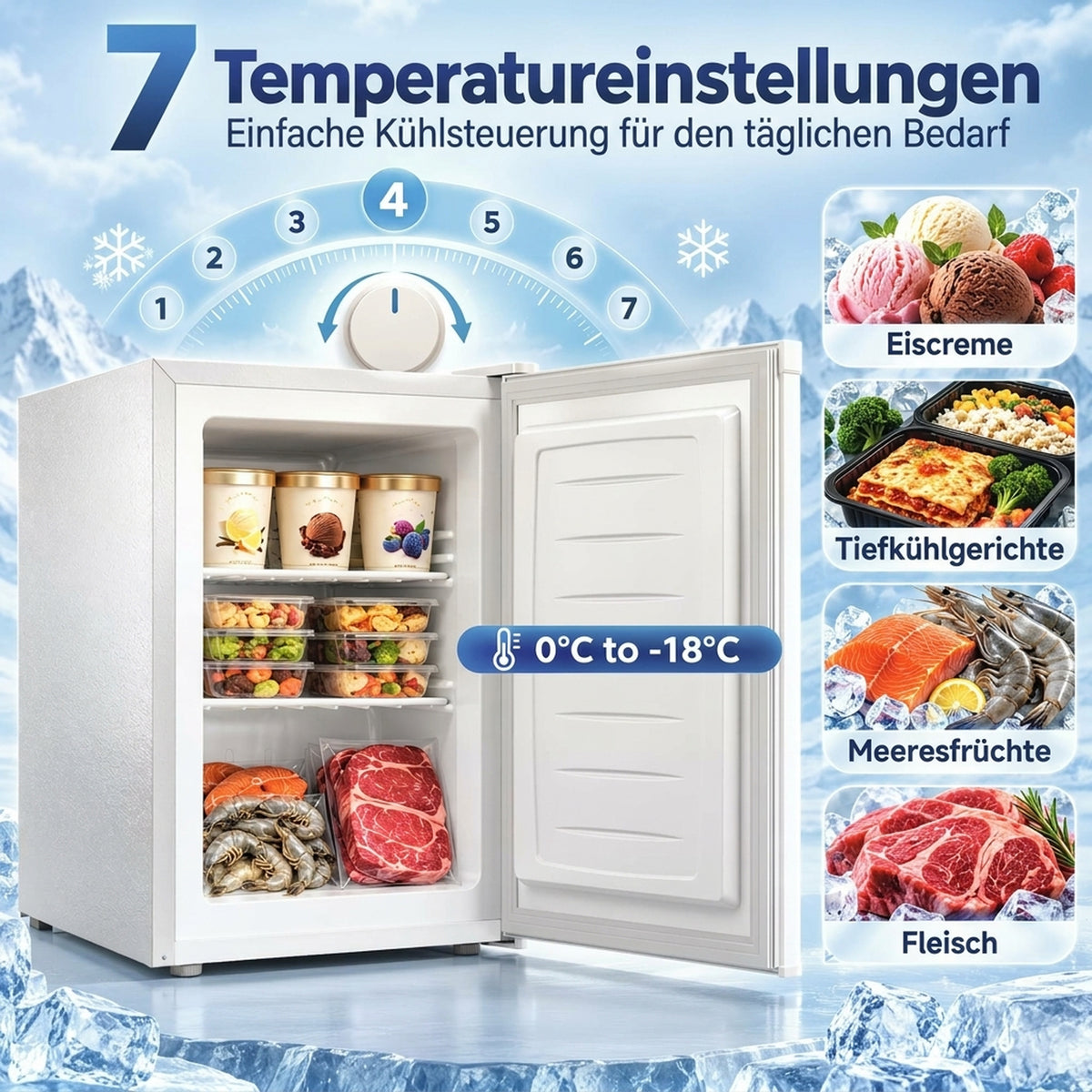 HOMCOM Mini-Gefrierschrank 59 l, Tisch-Gefrierschrank, Türanschlag wechselbar, Ablagen entnehmbar, Temp – Produktabbildung 4