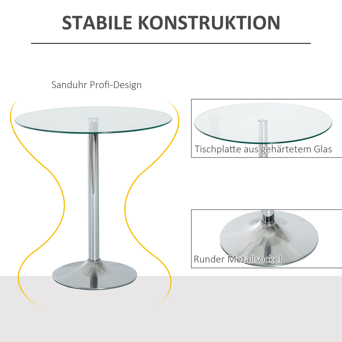 HOMCOM Runder Esstisch mit Glastischplatte, Metallgestell, Silberfarben – Produktabbildung 4