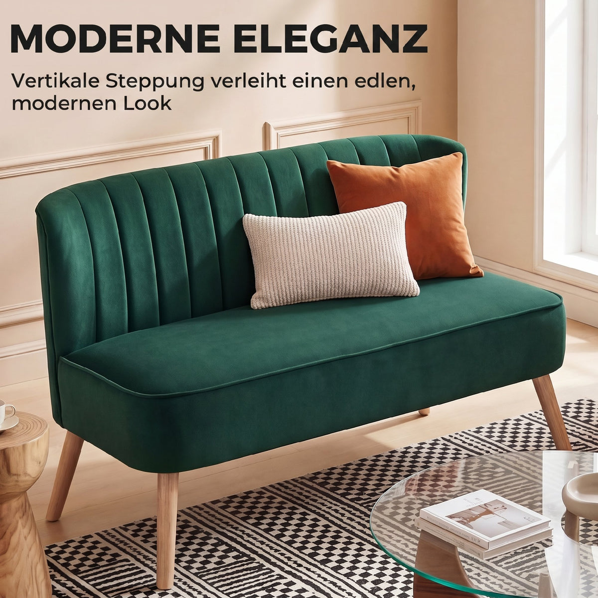 HOMCOM Sofa Retrodesign 2-Sitzer-Sofa, Holzbeine, 117 cm x 56,5 cm x 77 cm, Dunkelgrün – Produktabbildung 4