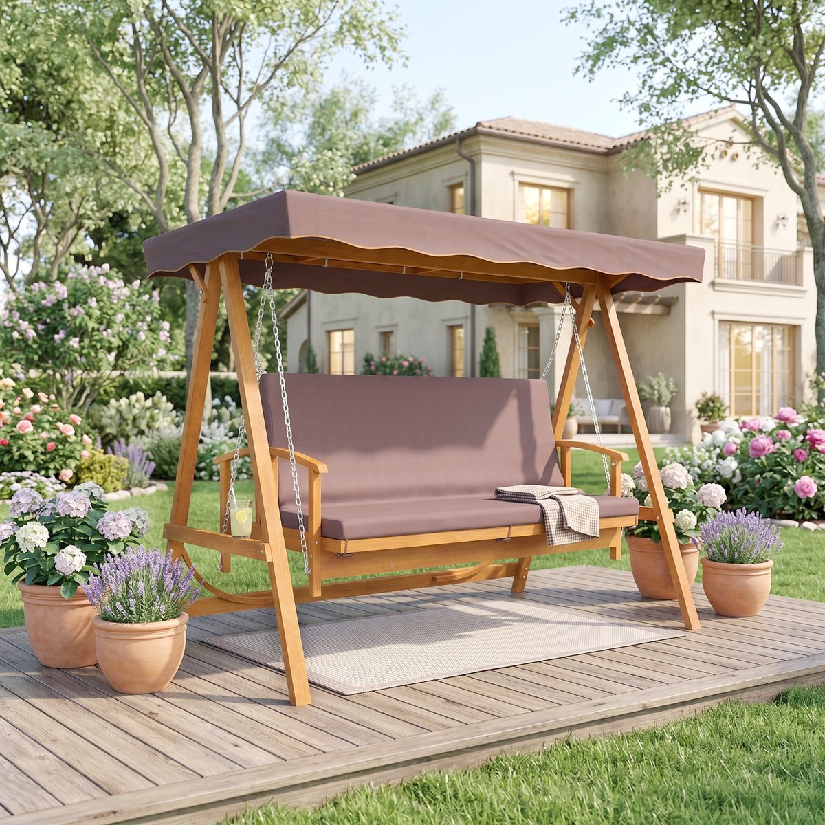 Outsunny Hollywoodschaukel mit Sonnendach, Echtholz-Gartenschaukel, Schaukelbank mit Liege-Funktion, für – Produktabbildung 2