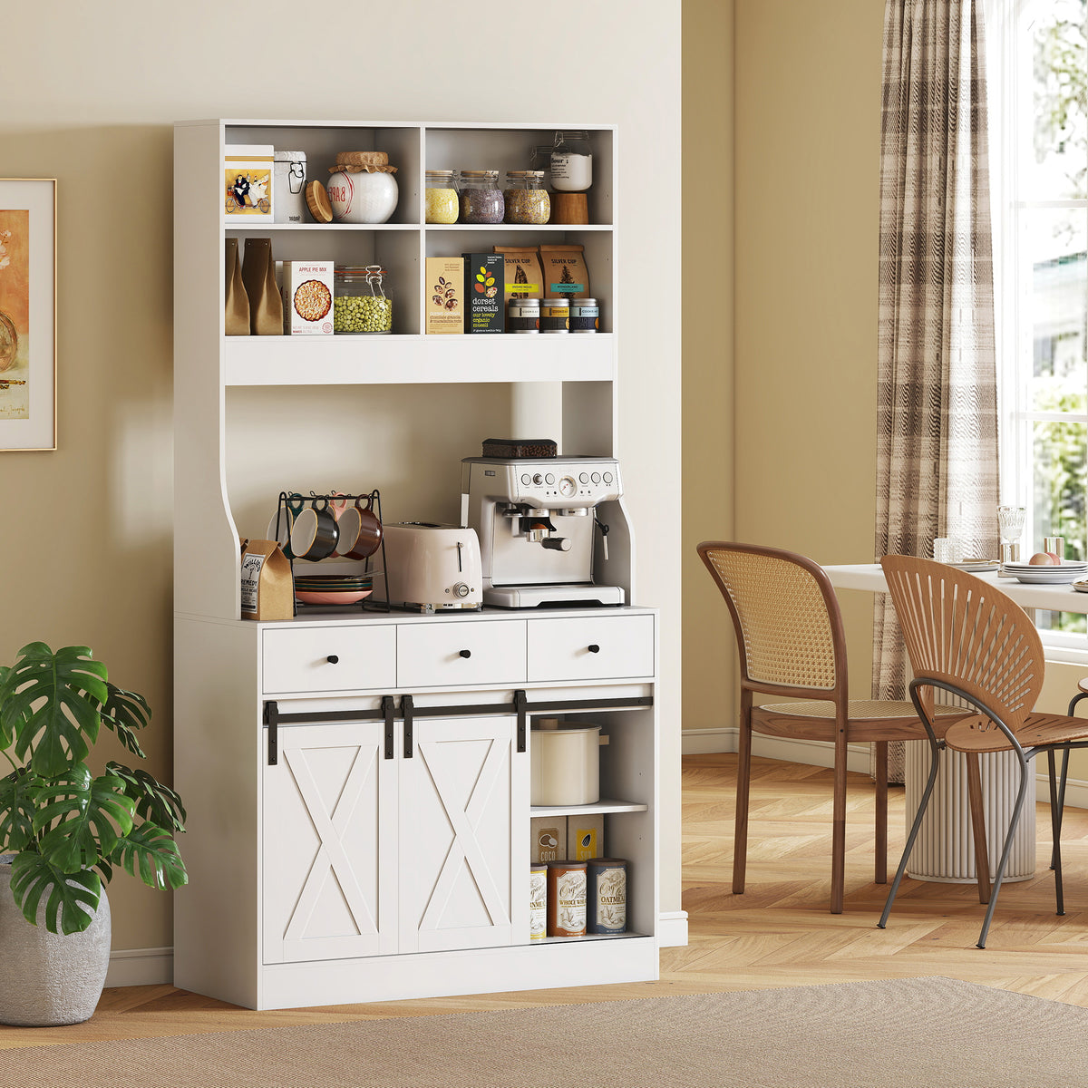 HOMCOM Küchenschrank mit Regalen, Schränken, Schubladen und Ablagefläche, Bauernhaus-Flair, verstellbare – Produktabbildung 8
