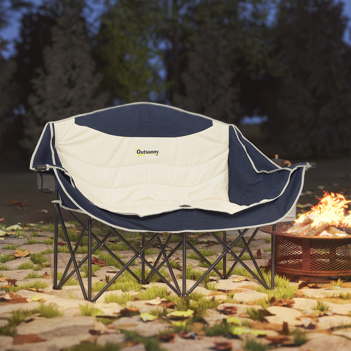 Outsunny Faltstuhl faltbar 2 Sitzer Campingstuhl mit Getränkehalter Tragetasche bis 250kg belastbar Blau – Produktabbildung 2