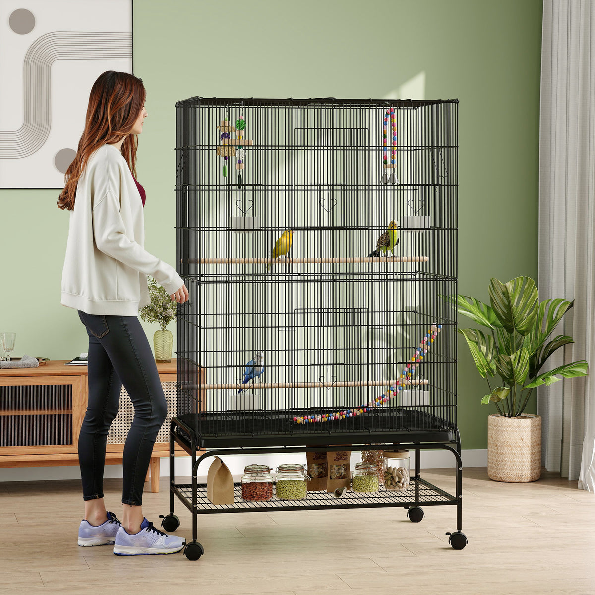 PawHut Vogelkäfig inklusive Sitzstangen, Vogelspielzeug, herausnehmbare Bodenwanne, Schwarz – Produktabbildung 2