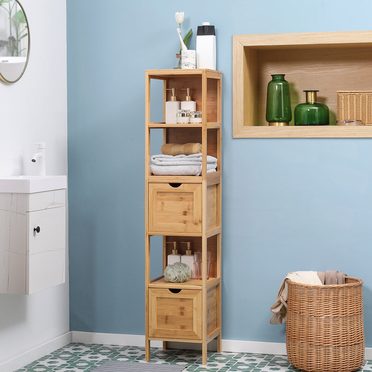 KleanKin Badezimmerschrank, 3 Regale, 2 Schubladen, Bambus, 30 cm x 30 cm x 140 cm, Natur – Produktabbildung 2