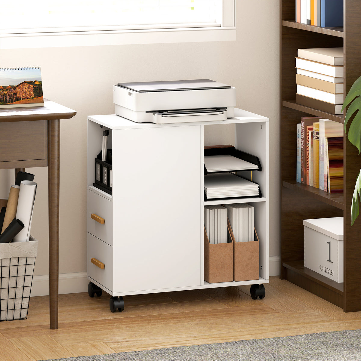 HOMCOM Druckerständer Druckertisch mit Verstellbar Ablage, Rollen für Fax Scanner 60 x 30 x 65 cm Weiß – Produktabbildung 2