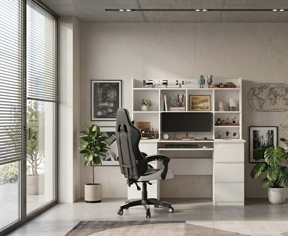Schreibtisch KUBA MIT AUFSATZ WEISS + Sessel REMUS WEISS Set 6 Schubladen – Produktabbildung 2