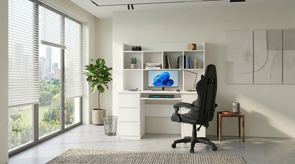 Schreibtisch KUBA MIT AUFSATZ WEISS + Sessel SCHWARZ REMUS Set 6 Schubladen – Produktabbildung 2