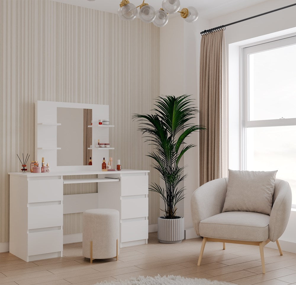 Schminktisch mit Make-up-Spiegel Set MARINA 4P + KUBA Schreibtisch WEISS – Produktabbildung 2