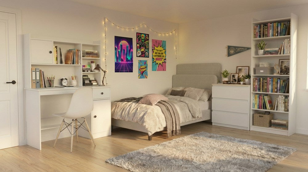 Möbelset Schreibtisch Chester + Aufsatz 120 + Kommode M3 + Regal Rimini WEISS – Produktabbildung 2