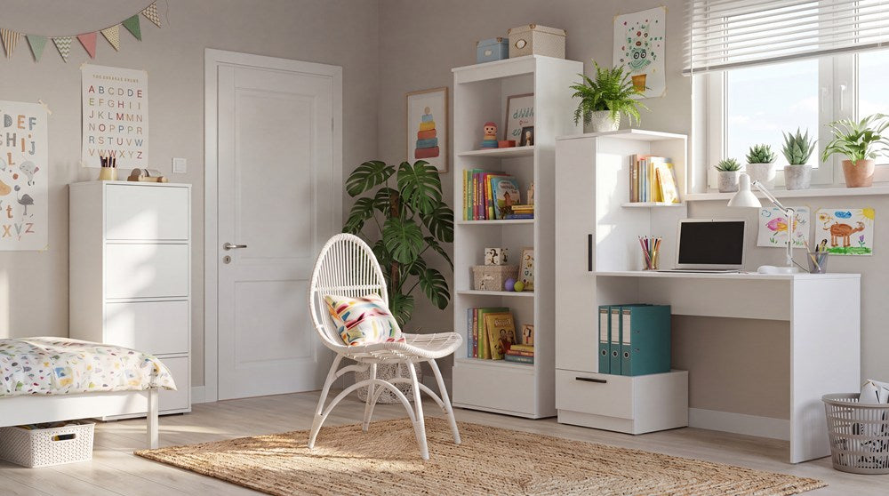 Möbelset Schreibtisch Cosmo + Kommode Alma + Regal Palermo WEISS fürs Zimmer – Produktabbildung 2