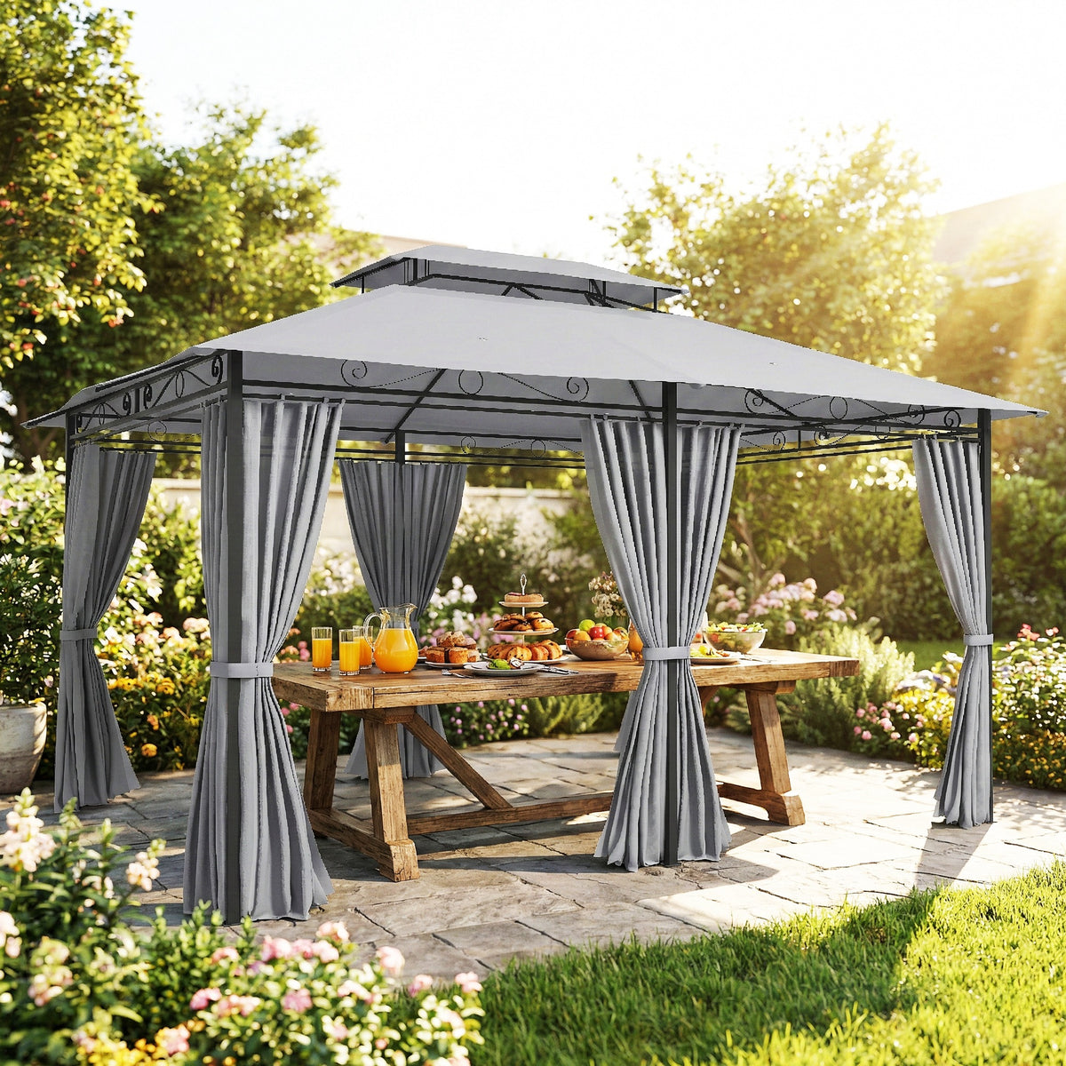 Outsunny Gartenpavillon, Outdoor Pavillon mit Vorhängen, belüftetem Dach, Dunkelgrau – Produktabbildung 2