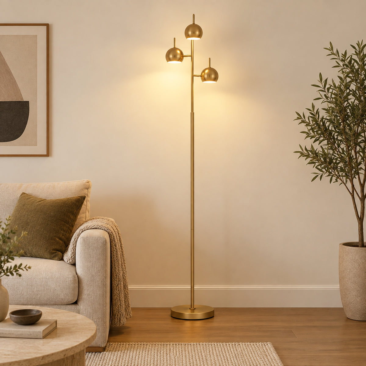 HOMCOM Stehlampe 350° verstellbar für Wohnzimmer und Büro Stehleuchte mit 3 Schirmen aus Stahl Gold – Produktabbildung 2