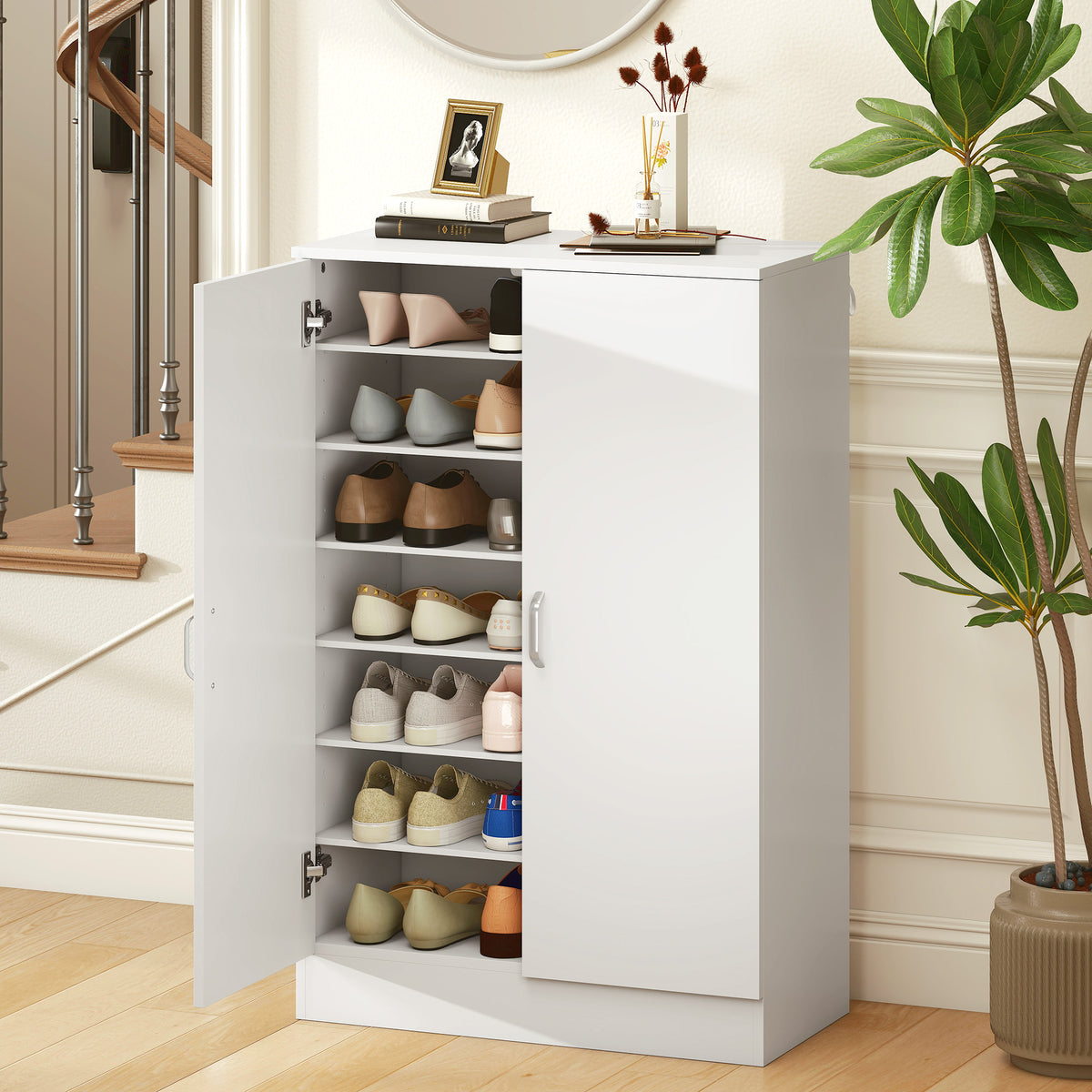 HOMCOM Schuhschrank mit 2 Türen, 6 verstellbare Regalböden, Soft-Close-Scharniere für 21 Paar, Weiß – Produktabbildung 2