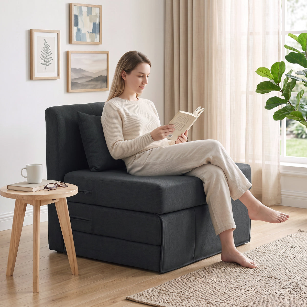 HOMCOM 2-in-1 Schlafsessel Klappbares Sofa-Bett mit Leinenstruktur, Gepolstertes Gästebett Klappstuhl – Produktabbildung 2