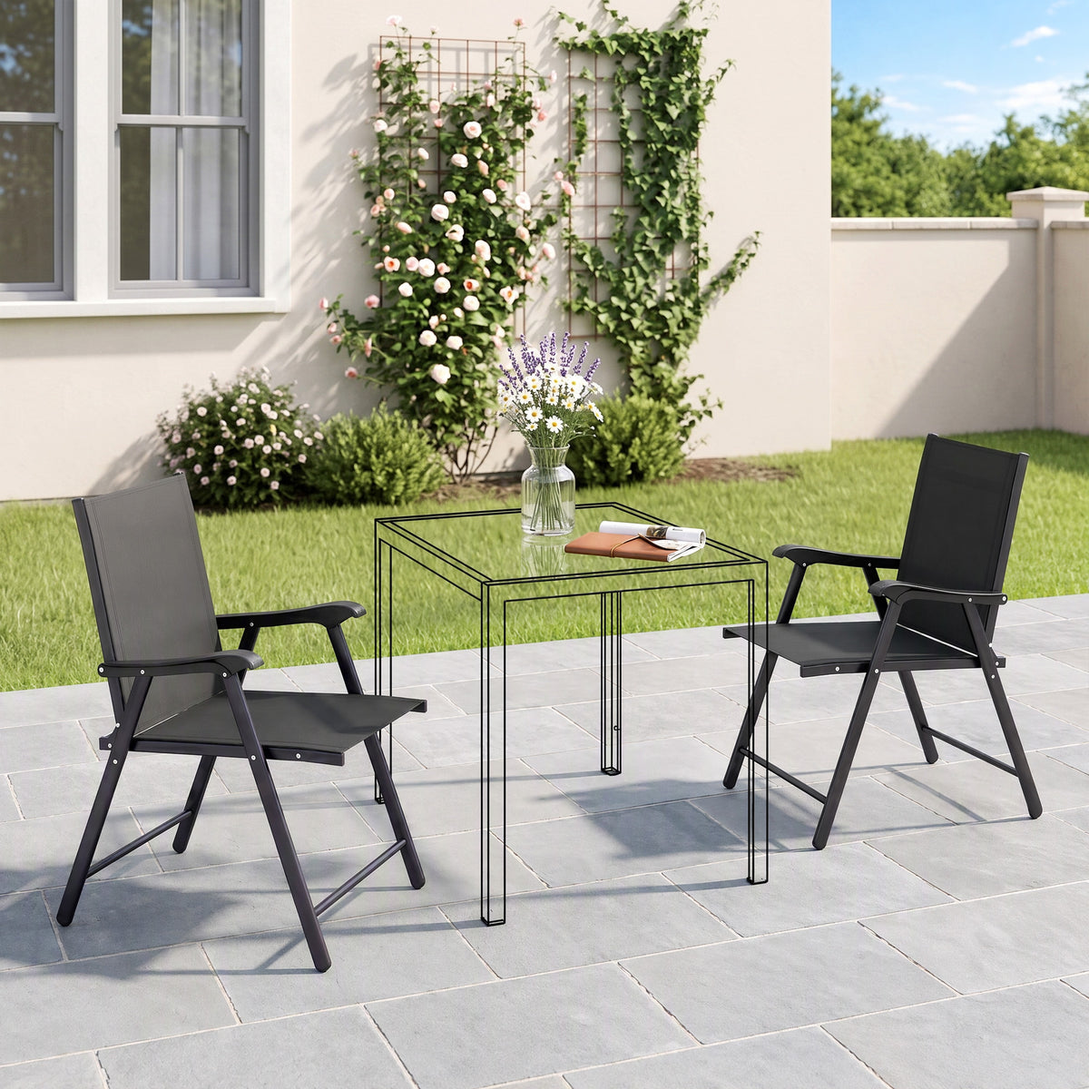 Outsunny 2er-Set Klappstuhl Gartenstuhl klappbar mit hoher Rückenlehne Armlehne Stahl Texteline 58 x 62 – Produktabbildung 2
