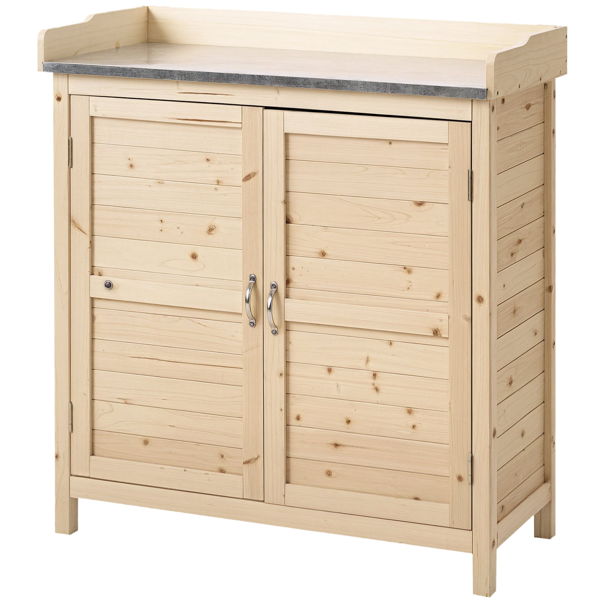Gartenschrank mit 2 Fächern, Metall-Arbeitsplatte mit Aufkantung, Naturholz, 83 x 40 x 92 cm