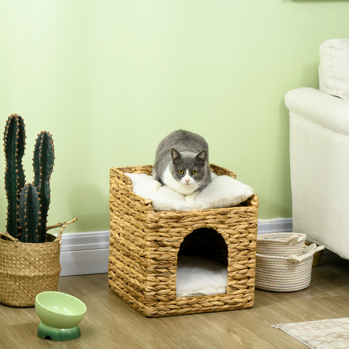 PawHut Katzenhöhle aus Wasserhyazinthen-Gras, 2 Liegefläche, 2 waschbare Kissen, Natur + Weiß – Produktabbildung 2