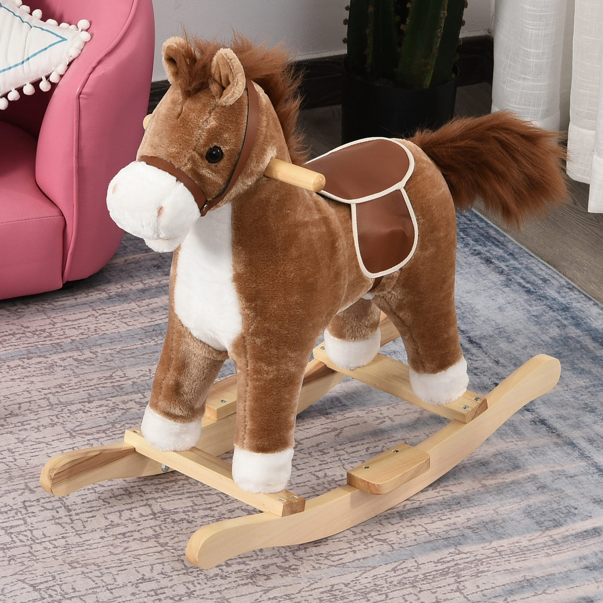 HOMCOM Kinder Schaukelpferd Baby Schaukeltier Pferd mit Tiergeräusche Spielzeug Haltegriffe für 36-72 – Produktabbildung 2