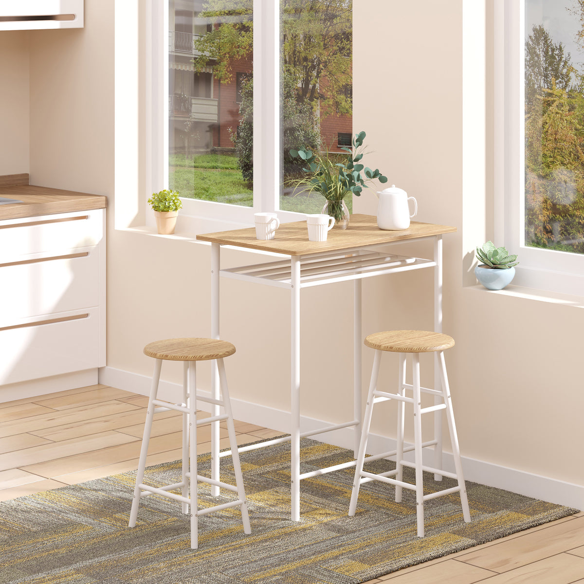 Bartisch Set Bartisch mit 2 Barhockern Essgruppe Küchentisch mit Lagerregal Esstisch für Esszimmer – Produktabbildung 2