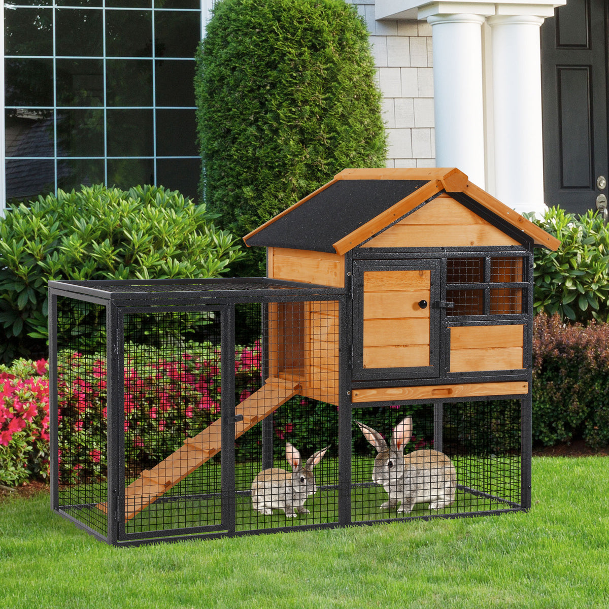 PawHut Kleintierstall mit Freigehege u. Rampe 122 cm x 63 cm x 92 cm Tannenholz Metall – Produktabbildung 2
