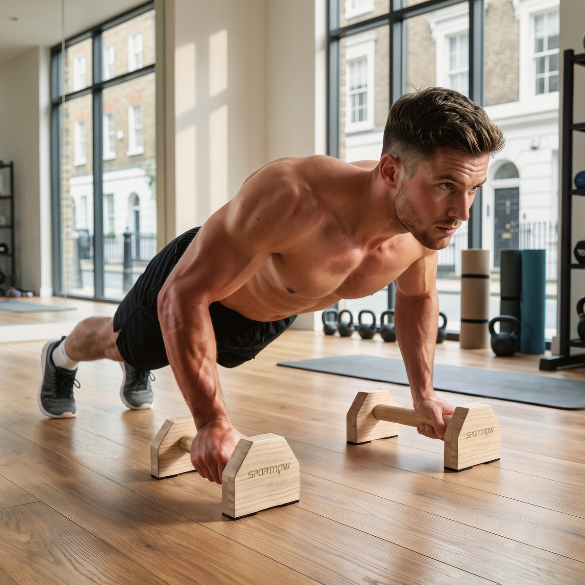 Push Up Bars im 2er-Set, robust & rutschfest, bis 120 kg, Buchenholz, 30x13x10cm, Natur – Produktabbildung 2