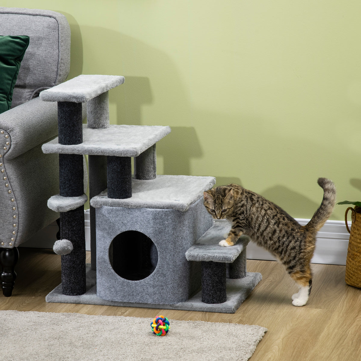 PawHut Kratzbaum, Tiertreppe, 4 Stufen, Spielball, Häuschen, höhenverstellbar, schwarz+grau, 60 x 40 x – Produktabbildung 2