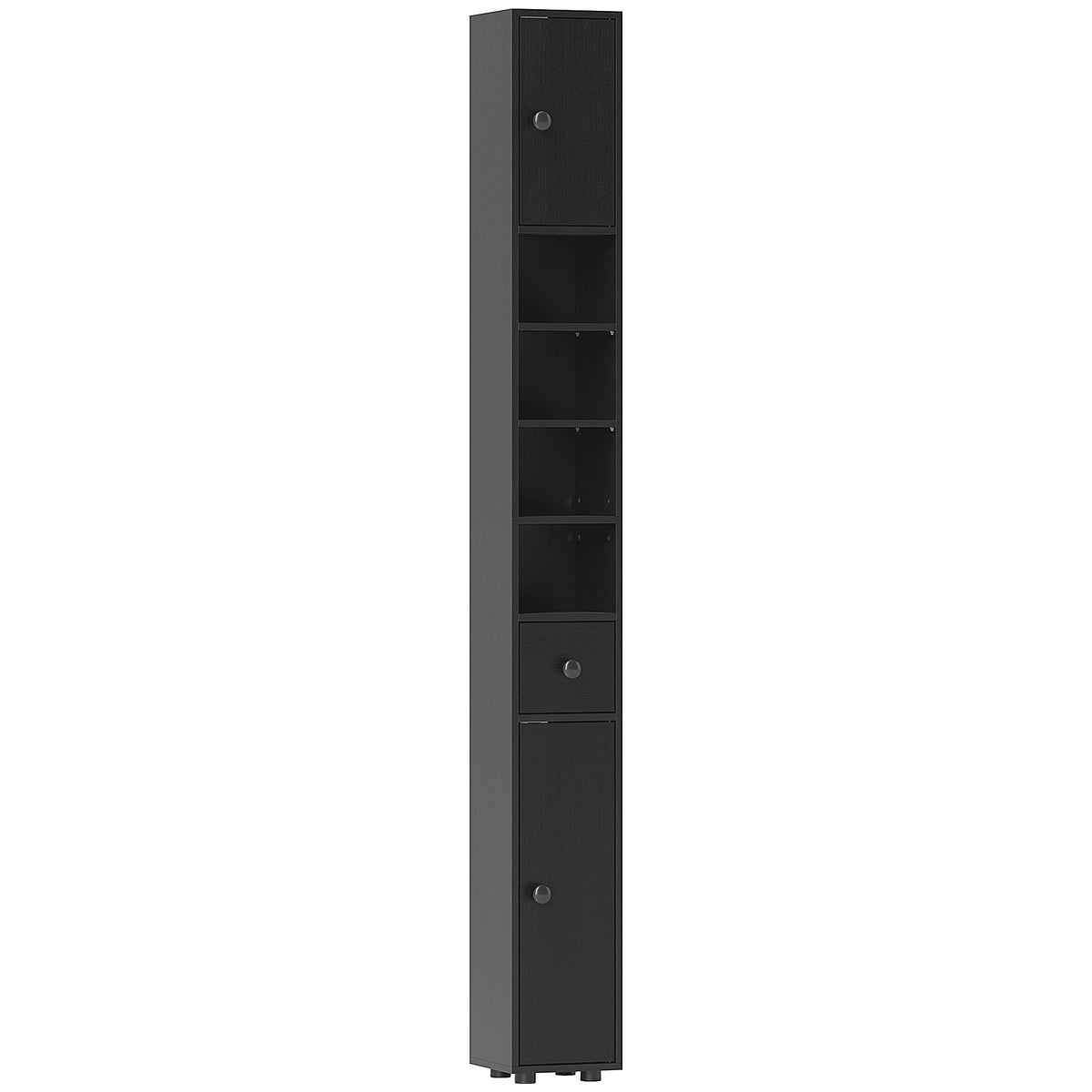 KleanKin 180 cm Schmaler Badezimmerschrank, Toilettenpapierregal mit offenen Fächern, 2 Schränken, Schwarz