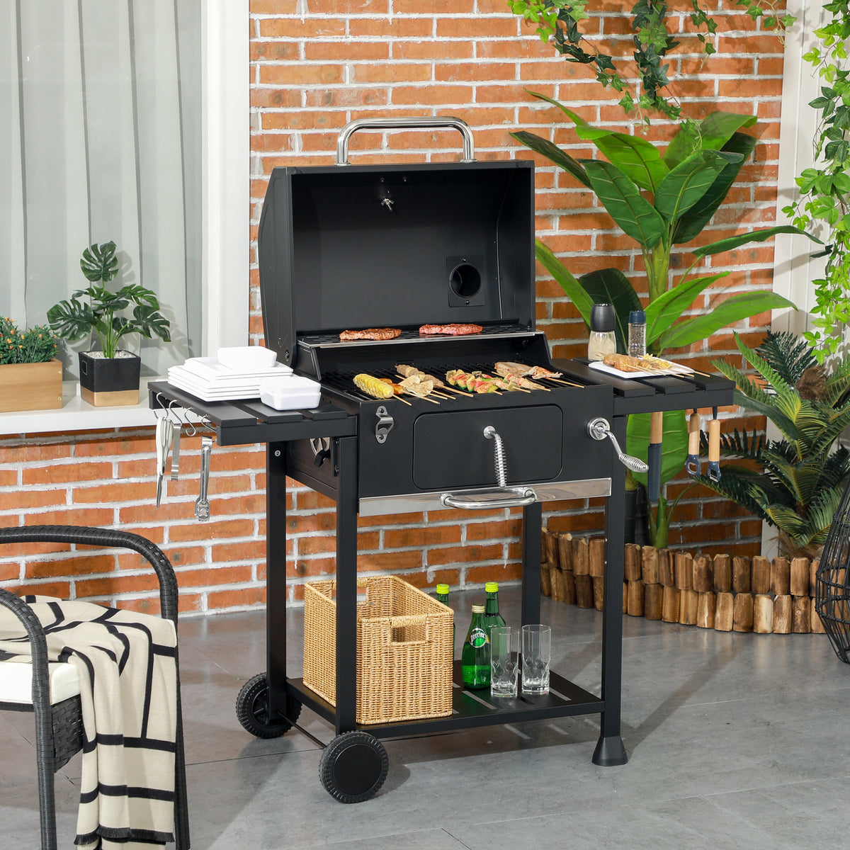 Outsunny Kohlegrill BBQ-Grill Smoker, inkl. Thermometer, Flaschenöffner, 120 x 64 x 114 cm, Schwarz – Produktabbildung 2