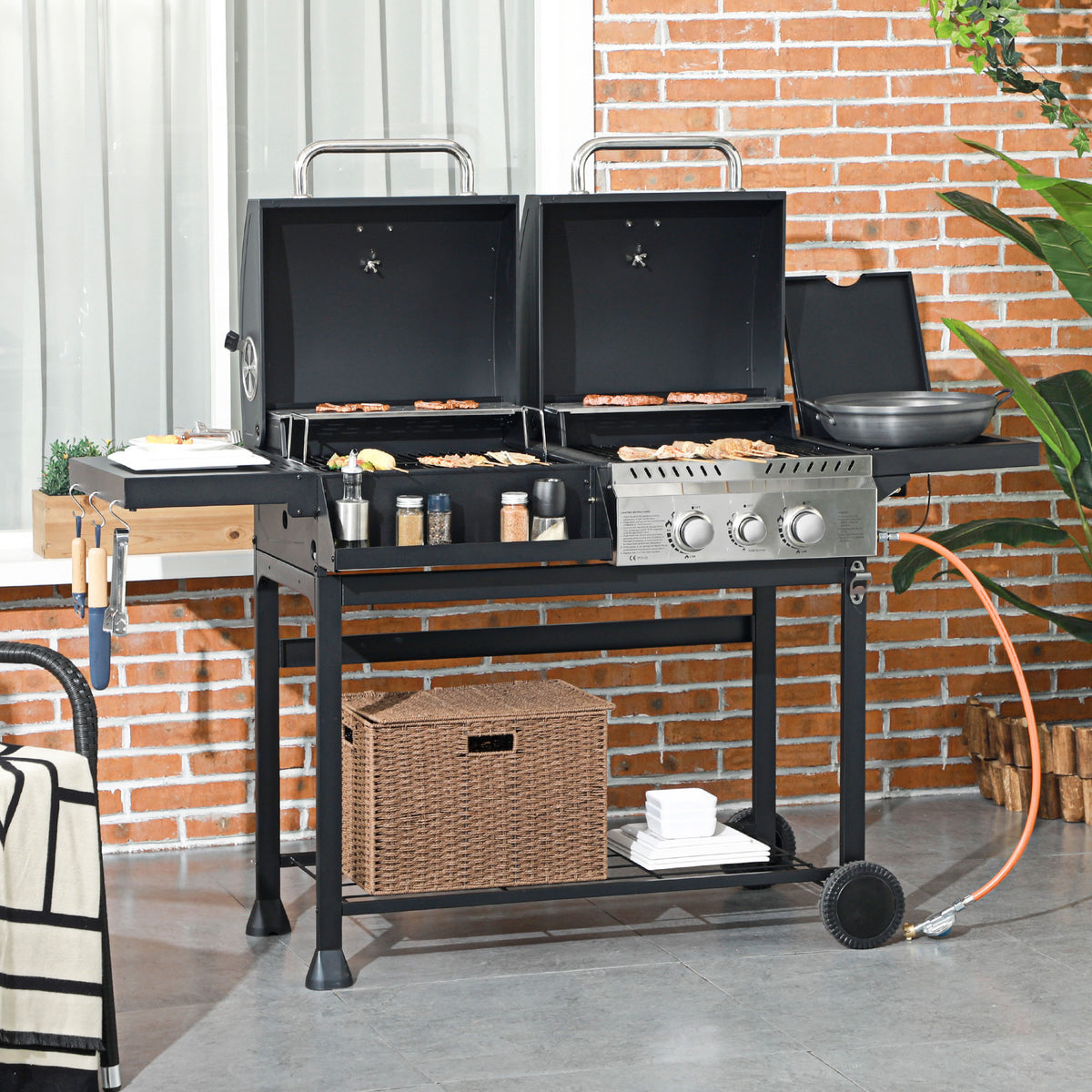 Outsunny Gasgrill BBQ-Grill, inkl. Thermometer, Warmhalteplatten, 161 x 54 x 103 cm, Schwarz + Silber – Produktabbildung 2