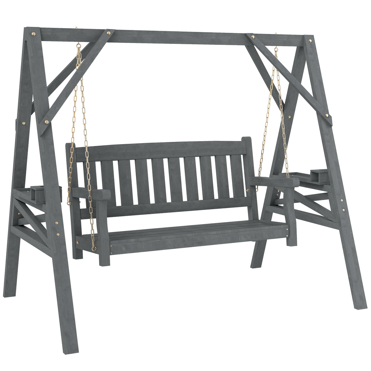Outsunny 2-Sitzer Holzschaukelbank, Gartenschaukel mit Ablagen, Getränkehalter, bis 250 kg belastbar, für