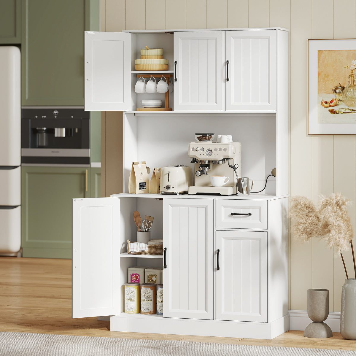 HOMCOM Küchenschrank, 180,5 cm, Vorratsschrank, Arbeitsfläche, Kabelloch, verstellbare Regale, MDF, Weiß – Produktabbildung 2