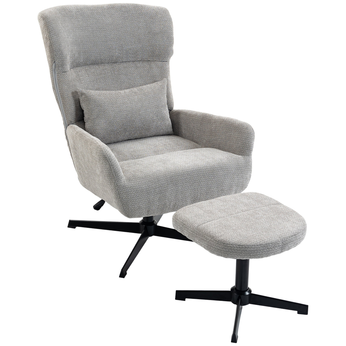 HOMCOM 360° drehbarer Loungesessel mit Hocker, höhenverstellbar, Chenille-Bezug, mit Lendenkissen, Cremeweiß