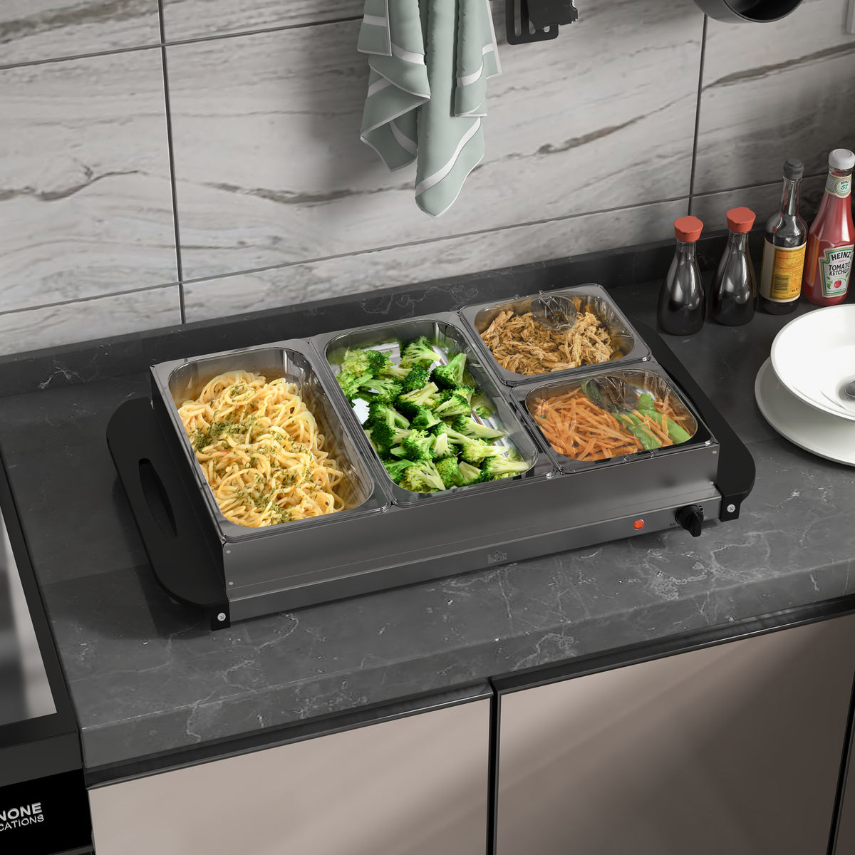 HOMCOM 2-in-1 Buffetwärmer 6,8L Warmhalteplatte 300 Watt Edelstahl Speisewärmer Silber – Produktabbildung 2