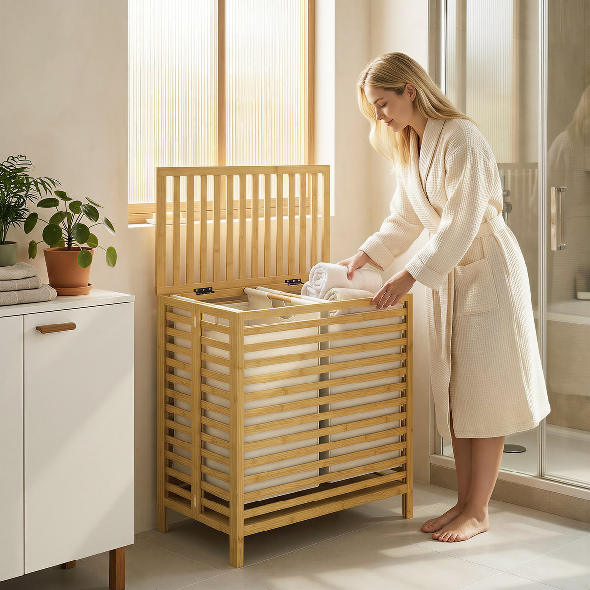 HOMCOM Bambus-Wäschekorb mit Deckel, 2 Körbe, faltbar, 64L, Natur und Cremeweiß – Produktabbildung 2